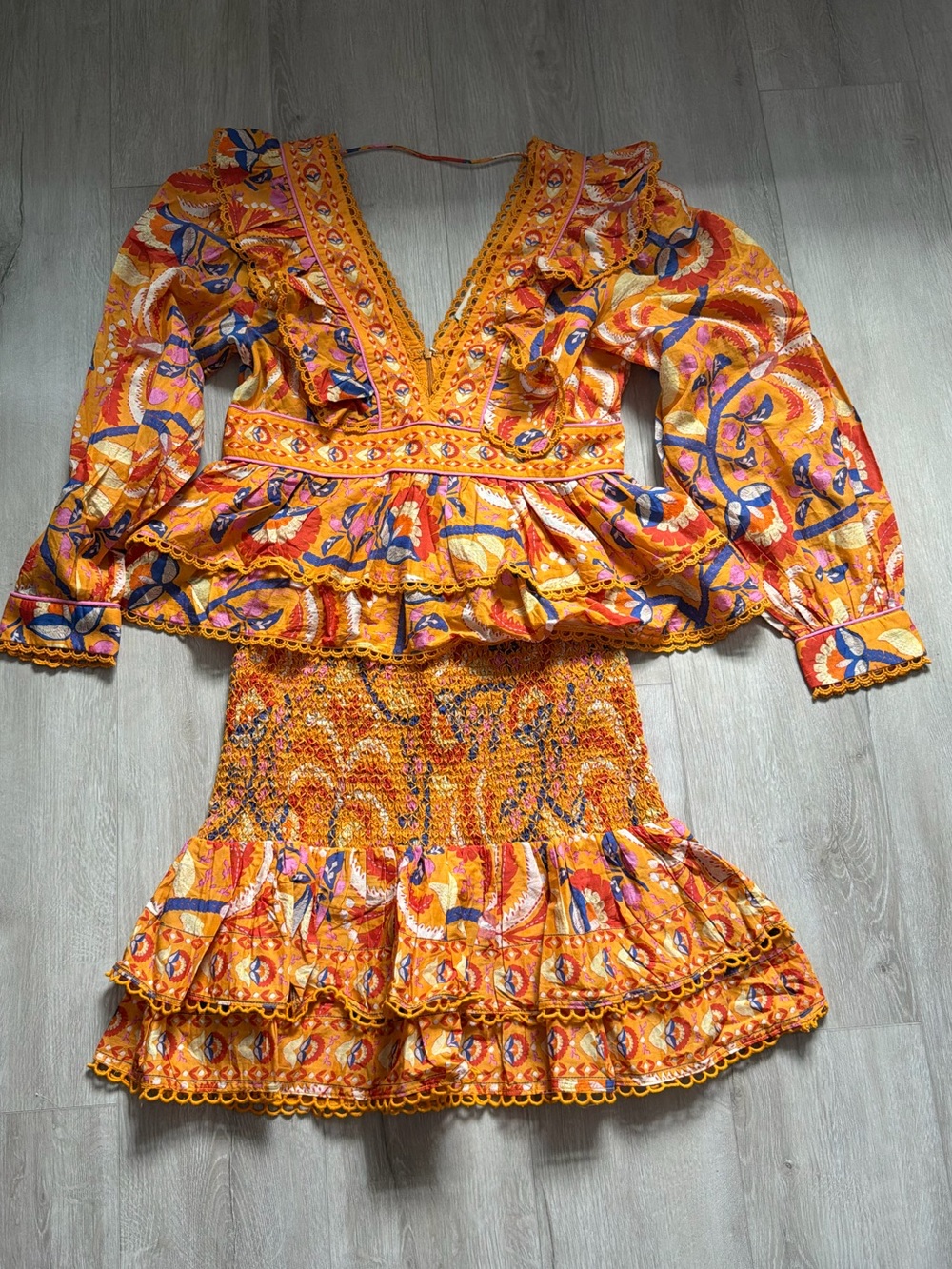FARM Rio Palms Party Ruffle Blouse and Smocked Skirt Two-Piece Mini Dress
